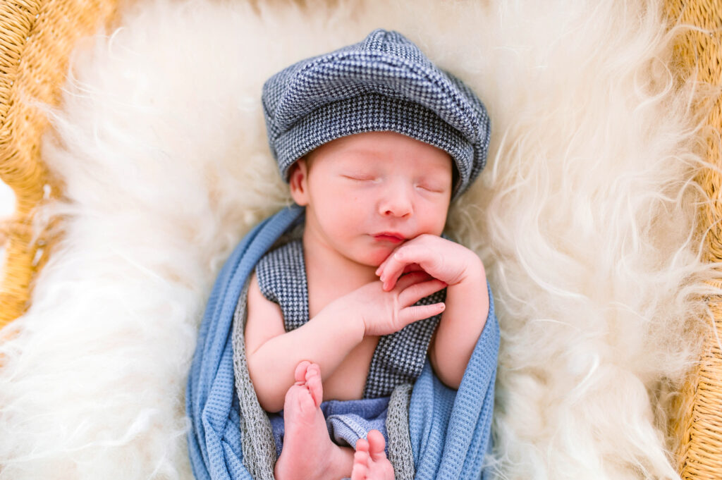 McKinney newborn photographer capturing a sleepy newborn boy wrapped in soft blue layers and a neutral cap, styled in a woven basket with fluffy white textures for a timeless studio newborn portrait.
